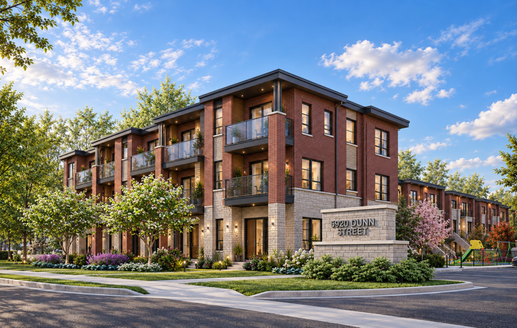 Dunn Street Residences community entrance with brick and stone homes, glass balconies, landscaping and the 5920 Dunn Street sign. Artist's concept.