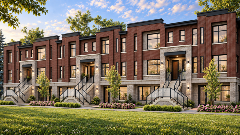 Artist's concept of Block D at an angle, showing burgundy brick, pale stone, three entrance staircases and landscaped grounds.