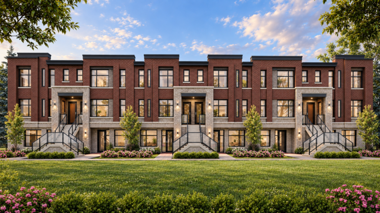 Artist's concept of the full Block D front elevation with burgundy brick, pale stone and three entrance staircases.