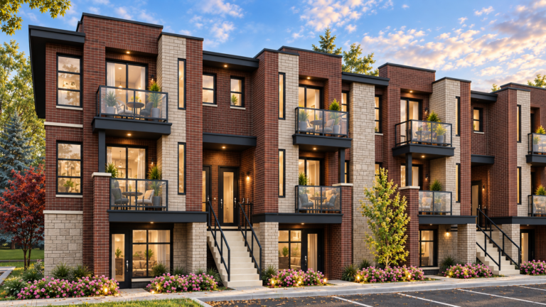 Artist's concept of Block E at an angle, showing glass balconies, straight entrance staircases, burgundy brick and pale stone.