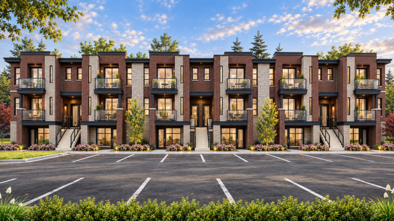 Artist's concept of the full Block E front elevation with burgundy brick, pale stone, glass balconies and three entrance staircases.