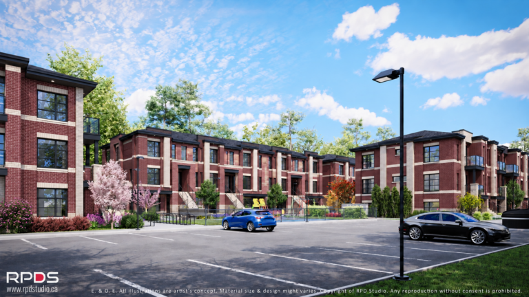 Dunn Street Residences overview showing Buildings A, B and E in burgundy and cream brick
