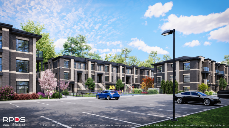 Dunn Street Residences overview showing Buildings A, B and E in charcoal and cream brick