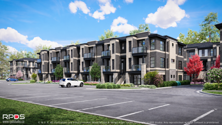 Dunn Street Residences view of Buildings E and C in charcoal and cream brick