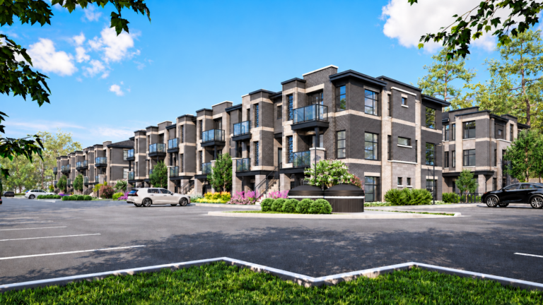 Dunn Street Residences side view of Buildings E and F in charcoal and cream brick