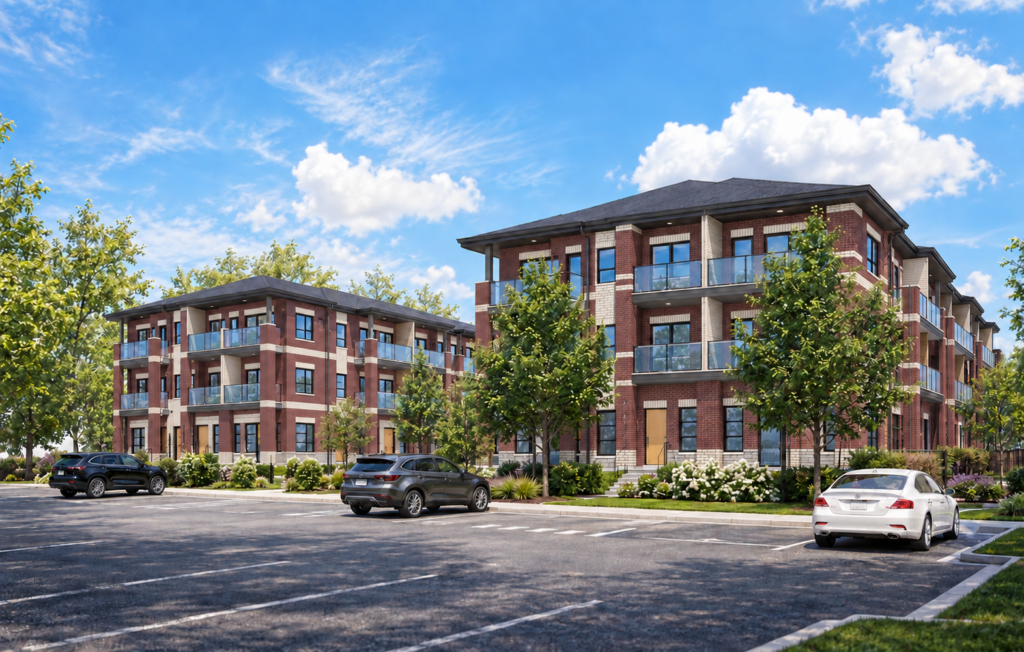 Artist’s concept rendering of Dunn Street stacked townhouses with burgundy brick, cream brick accents, glass balconies and landscaped parking.