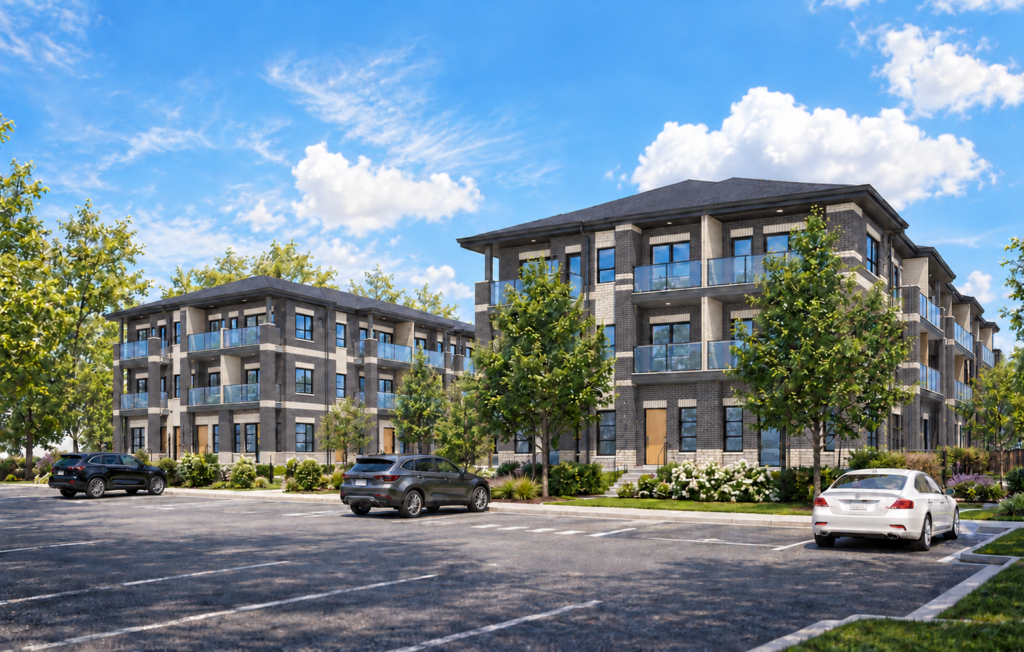 Artist’s concept rendering of Dunn Street stacked townhouses with charcoal brick, cream brick accents, glass balconies and landscaped parking.
